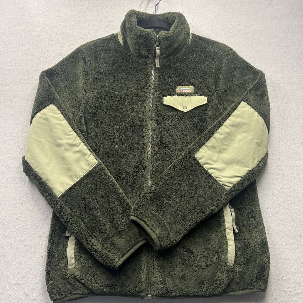 LL Bean Sherpa Fleece Jacket Womens Small Green Elbow Patch